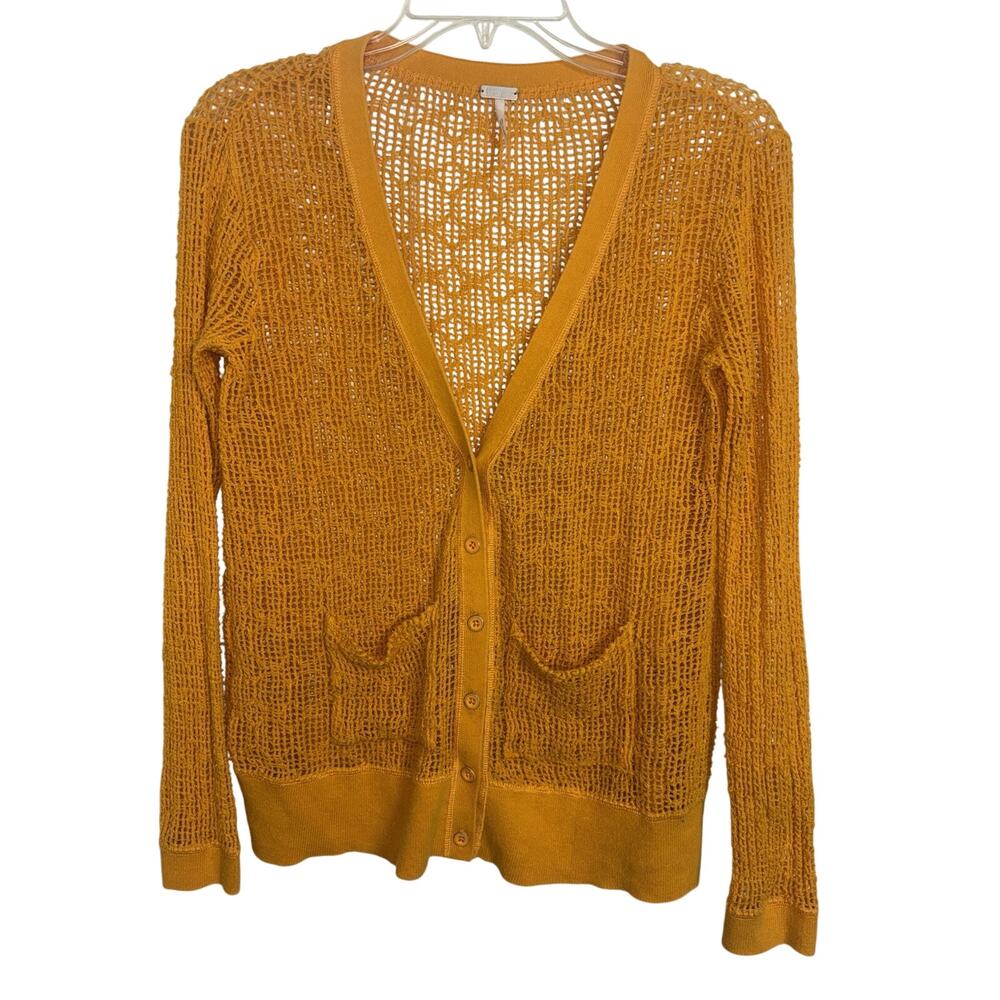 Free People FP Beach Golden Yellow Open Knit Button Cardigan Pockets Small Boho